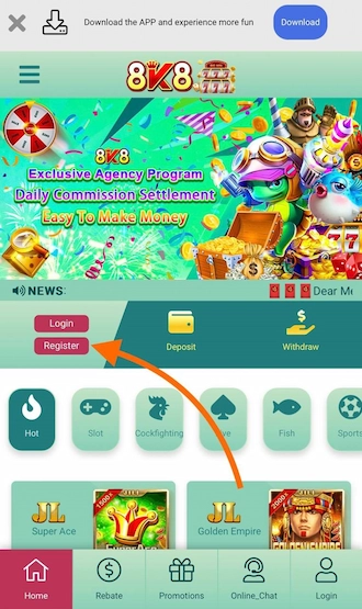 Step 1: 8K8 Com register by logging in to the homepage and selecting "Register"